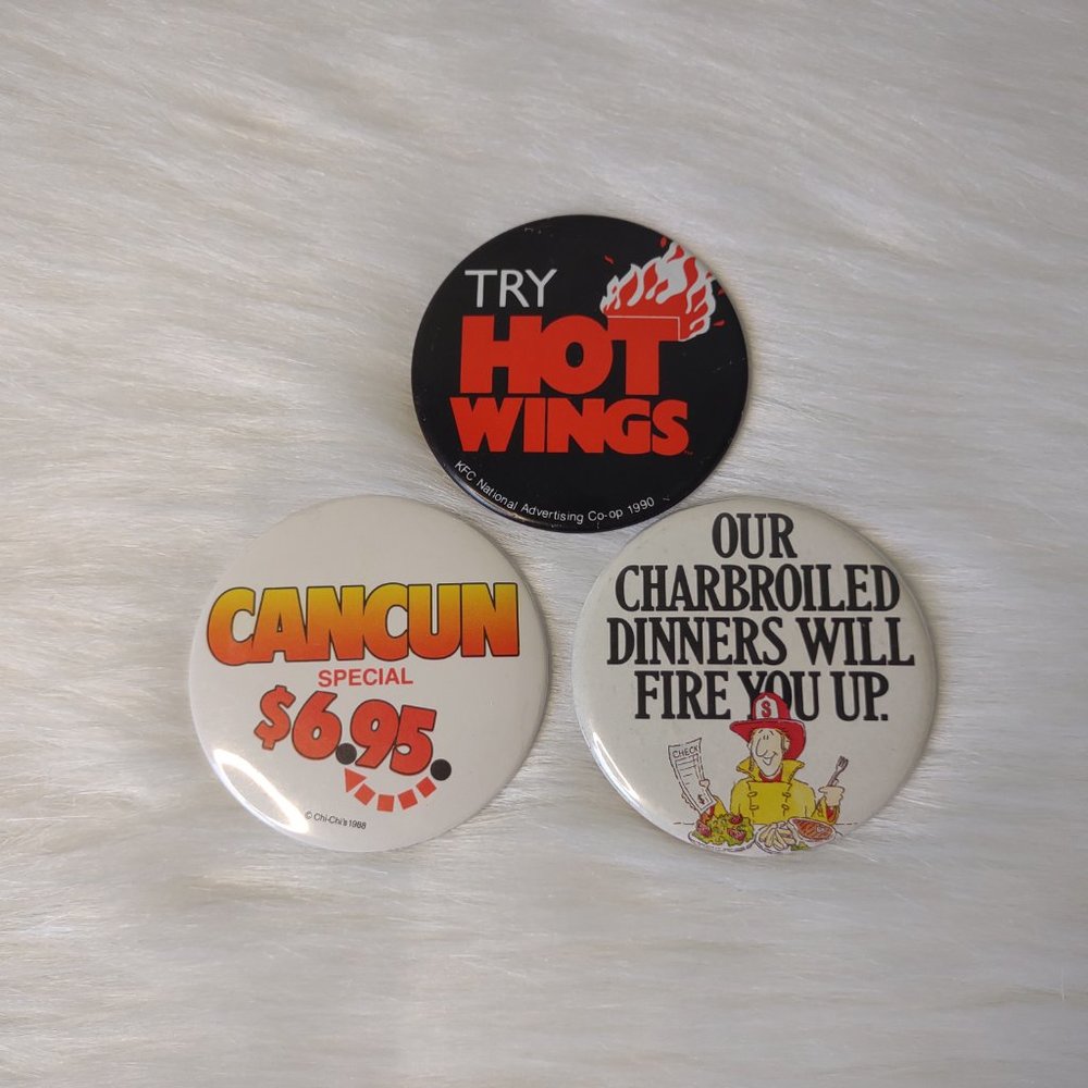 Vintage Lot of 3 Restaurant Advertising Buttons